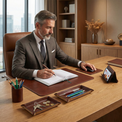 סט שולחן כתיבה יוקרתי מעור איטלקי על שולחן עבודה משרד יוקרתי