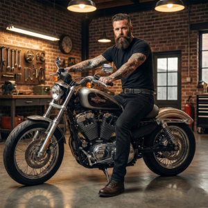 גבר עם זקן וקעקועים יושב על אופנוע הארלי דוידסון במוסך ביתי, חוגר חגורת עור שחורה עם תפרים לבנים כפולים בולטים ואבזם כסף.
