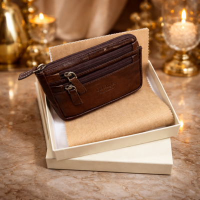 ארנק עור לגבר Old Angler Italy חום עם רוכסנים באריזת מתנה