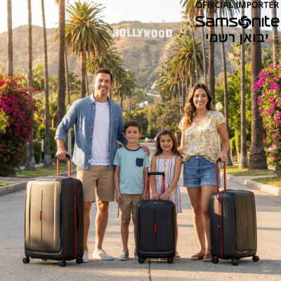 גבר מחייך מחזיק מזוודת סמסונייט שחורה בסמטה ציורית באי יווני.