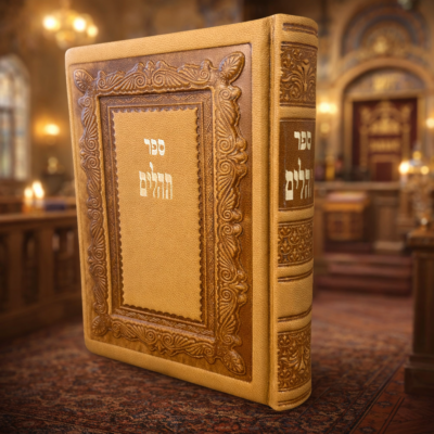 ספר תהילים מעור מהודר עם הטבעה דקורטיבית על רקע בית כנסת