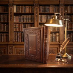 ספר תהילים "יסוד מלכות" בכריכת עור מהודרת מונח על שולחן כתיבה מעץ בספרייה קלאסית, עם מנורת שולחן מוזהבת, נוצה ודיו.
