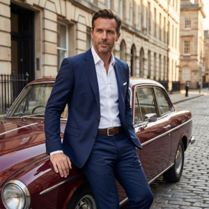 גבר בחליפה ליד מכונית קלאסית.
