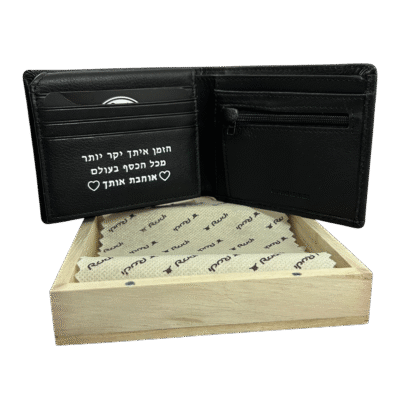ארנק רודי עור איטלקי עם חריטה קבועה בקופסת עץ