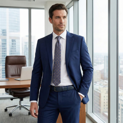 גבר לבוש בחליפה כחולה מחויטת עם חגורת עור שחורה/כחולה כהה, עומד במשרד מודרני מול חלון המשקיף לנוף עירוני.
