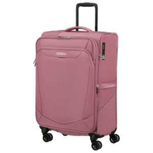 מזוודה ורודה בינונית American Tourister דגם SummerRide בגובה 69 ס"מ – עם גלגלים כפולים ונעילת TSA.