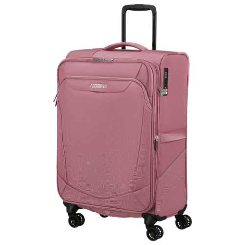 מזוודה ורודה בינונית American Tourister דגם SummerRide בגובה 69 ס"מ – עם גלגלים כפולים ונעילת TSA.