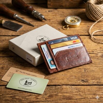 ארנק עור לגבר Old Angler Italy מונח על שולחן עץ עם אביזרים, תצוגת לייפסטייל יוקרתית