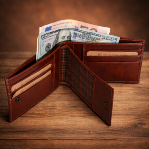 ארנק גדול לגבר מעור איטלקי חום Old Angler פתוח עם תאים לכרטיסים ושטרות