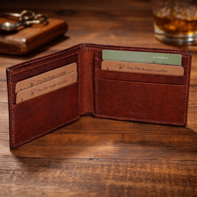 ארנק עור חום לגבר פתוח עם תאים לכרטיסים מבית Old Angler Italy