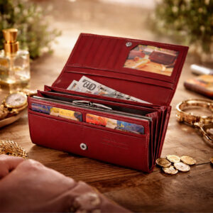 ארנק עור אדום יוקרתי פתוח עם תאים לכרטיסים, שטרות ומטבעות על שולחן עץ