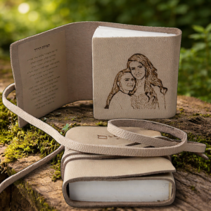 ספר תהילים מעור עם חריטת תמונה אישית, מונח בטבע על רקע ירוק ורך