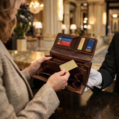 אישה במלון יוקרתי משלמת מארנק עור איטלקי יוקרתי פתוח עם כרטיסי אשראי