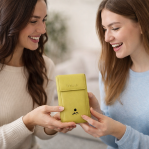 בחורה מעניקה לחברה ארנק נשים מעור בצבע ירוק כמתנה אישית בעיצוב יוקרתי של RUDI