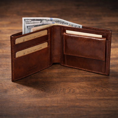 ארנק עור לגבר Old Angler Italy פתוח על רקע עץ חמים, תאי כרטיסים ושטרות