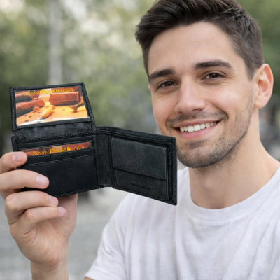 Young man holding black leather RUDI wallet with cards visible
