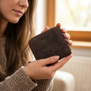 אישה יושבת בבית קפה ומחזיקה ארנק קטן מעור חום של RUDI בהנאה