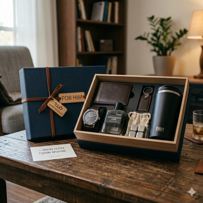 מארז מתנה מהודר לגבר של רודי הכולל ארנק עור חום, שעון יד, כוס טרמית שחורה, מחזיק מפתחות ופריטים נוספים בתוך קופסה פתוחה על שולחן עץ.