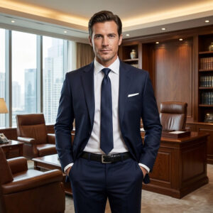 גבר בחליפה עומד במשרד מנהלים.