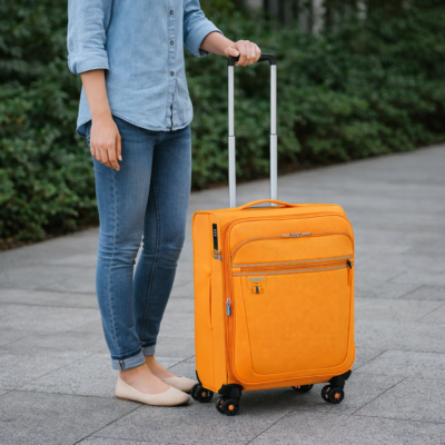 אישה עומדת ואוחזת במזוודה כתומה עם ידית טלסקופית על משטח חיצוני