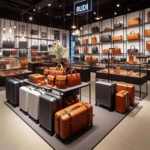 Inside view of RUDI leather store – suitcases, bags, and wallets on display