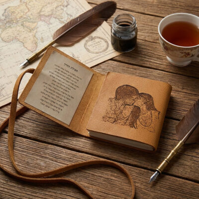 ספר תהילים קטן עם כריכת עור חומה וחריטה אישית של זוג, פתוח בעמוד של תפילת הדרך על שולחן עץ בסגנון וינטג'.