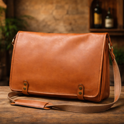 תיק עור איטלקי לגבר בצבע חום קוניאק על רקע חמים יוקרתי