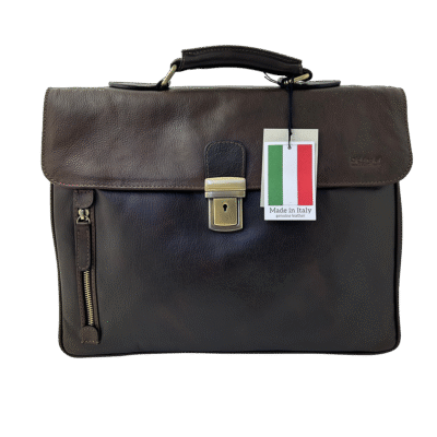 תיק מנהלים חום כהה Old Angler Italy – מבט קדמי עם תג Made in Italy