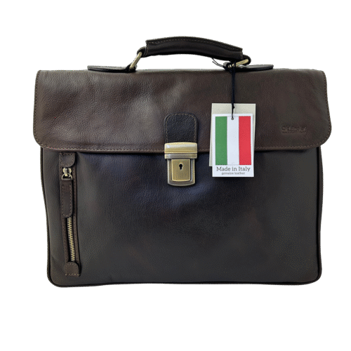 תיק מנהלים חום כהה Old Angler Italy – מבט קדמי עם תג Made in Italy