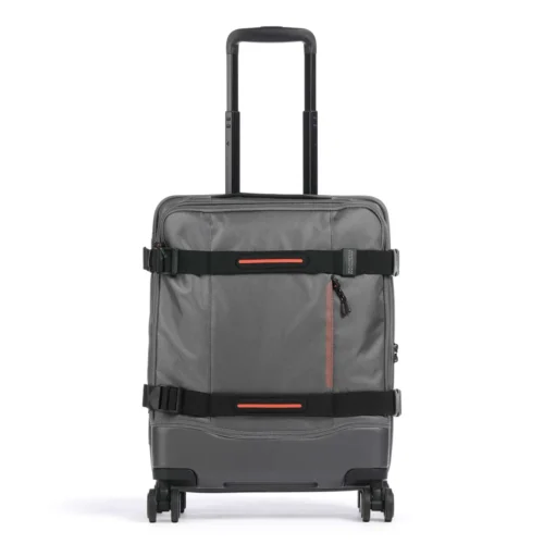 טרולי American Tourister Urban Track אפור 55 ס״מ – מבט קדמי עם כיסים חיצוניים ורצועות הידוק
