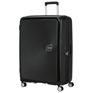 מזוודה American Tourister Soundbox 80 ס״מ שחורה – חזית, גלגלים כפולים ונעילת TSA