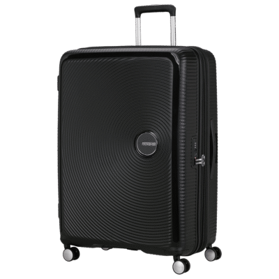 מזוודה American Tourister Soundbox 80 ס״מ שחורה – חזית, גלגלים כפולים ונעילת TSA