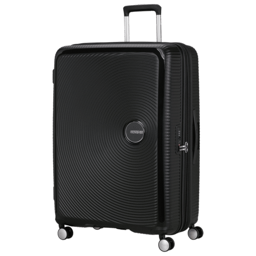 מזוודה American Tourister Soundbox 80 ס״מ שחורה – חזית, גלגלים כפולים ונעילת TSA