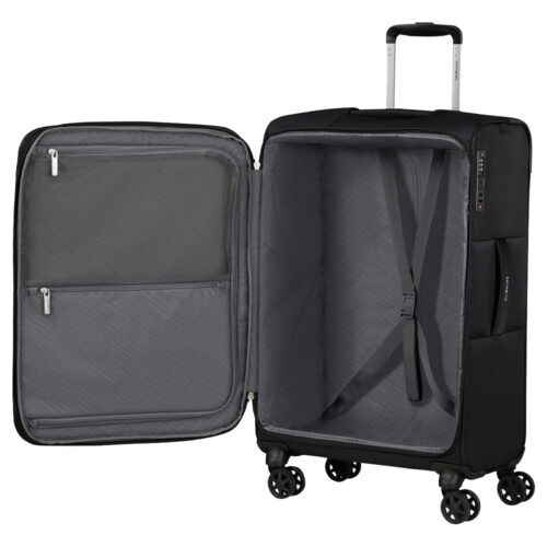 מזוודת Samsonite גדולה שחורה פתוחה דגם Base‑Breeze 81 עם חלוקה פנימית וגלגלים כפולים