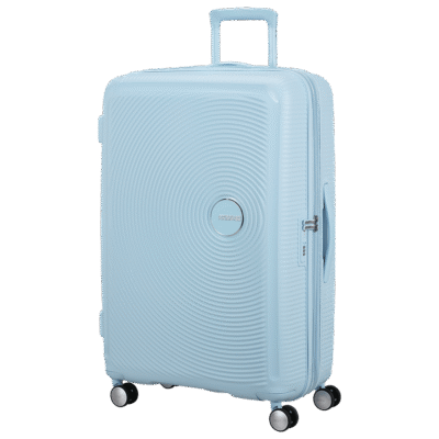 מזוודה גדולה American Tourister Soundbox 77 ס״מ תכלת עם גלגלים כפולים ונעילת TSA