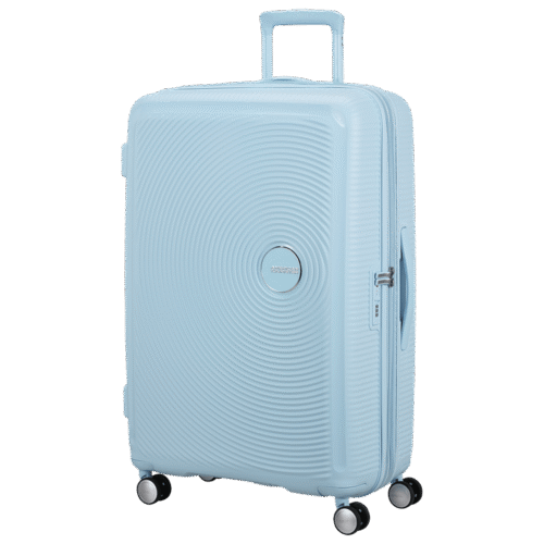 מזוודה גדולה American Tourister Soundbox 77 ס״מ תכלת עם גלגלים כפולים ונעילת TSA