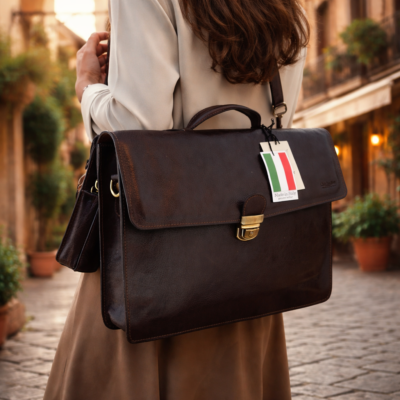 תיק עסקים מעור איטלקי כהה על אישה ברחוב איטלקי, מיקוד מלא בתיק ובמרקם העור