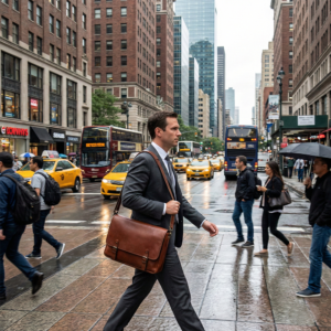 איש עסקים בחליפה חוצה רחוב סואן בעיר גדולה ונושא תיק צד מעור חום.