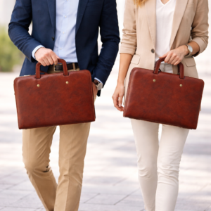 תיק עור יוניסקס חום בעבודת יד, גבר ואישה הולכים עם תיק זהה, דגש מלא על התיק
