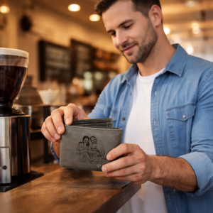 גבר מוציא ארנק עור אפור עם חריטה אישית ומשלם בבית קפה