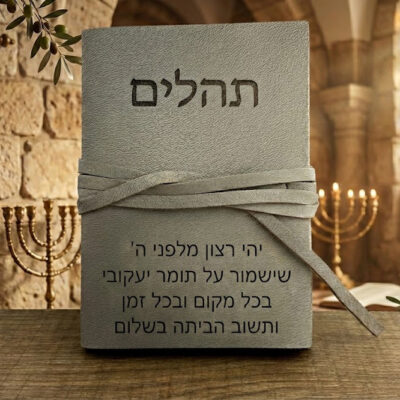 ספר תהילים מעור עם חריטה אישית ותפילה על רקע קדוש