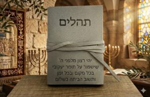 ספר תהילים מעור עם חריטה אישית על רקע בית כנסת