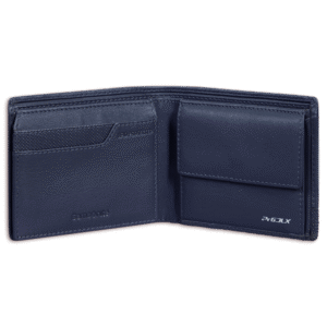 ארנק עור כחול של Samsonite מדגם Pro-DLX 6, פתוח ומציג את התאים הפנימיים שלו, כולל תא המטבעות.