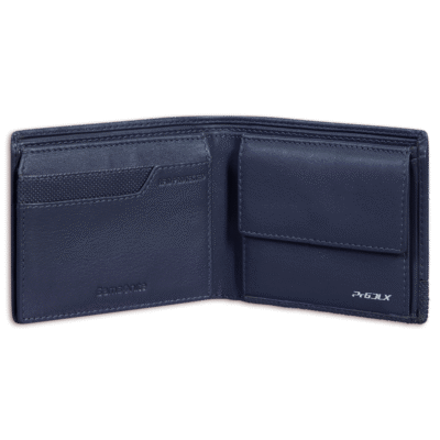 ארנק עור כחול של Samsonite מדגם Pro-DLX 6, פתוח ומציג את התאים הפנימיים שלו, כולל תא המטבעות.