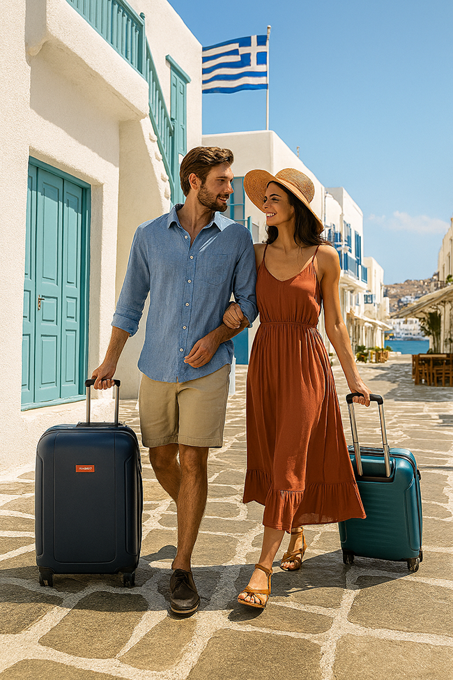 זוג מטיילים ביוון עם מזוודות Samsonite ו-American Tourister