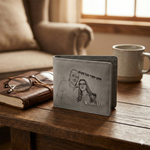 ארנק עור אפור עם חריטה אישית של תמונת זוג והקדשה "איתך תמיד בכל מקום" על שולחן עץ