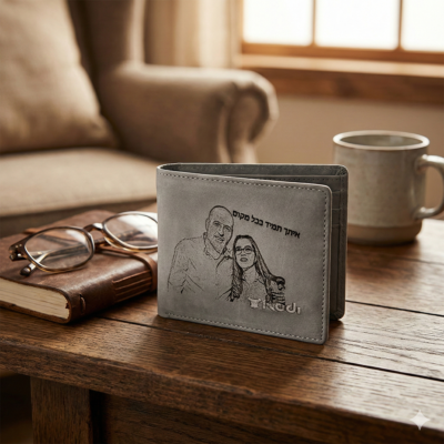 ארנק עור אפור עם חריטה אישית של תמונת זוג והקדשה "איתך תמיד בכל מקום" על שולחן עץ