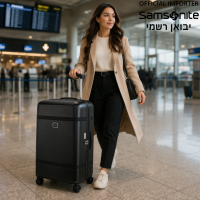 אישה הולכת בשדה תעופה עם מזוודת Samsonite Image שחורה קשיחה בעיצוב יוקרתי