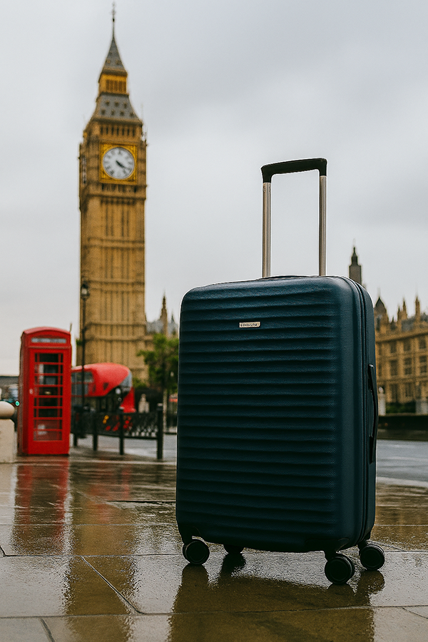 מזוודת Samsonite כהה בלונדון, על רקע מגדל הביג בן (מגדל אליזבת') ותא טלפון אדום.