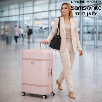 מזוודת Samsonite Image ורודה עם 4 גלגלים ודוגמנית בשדה תעופה
